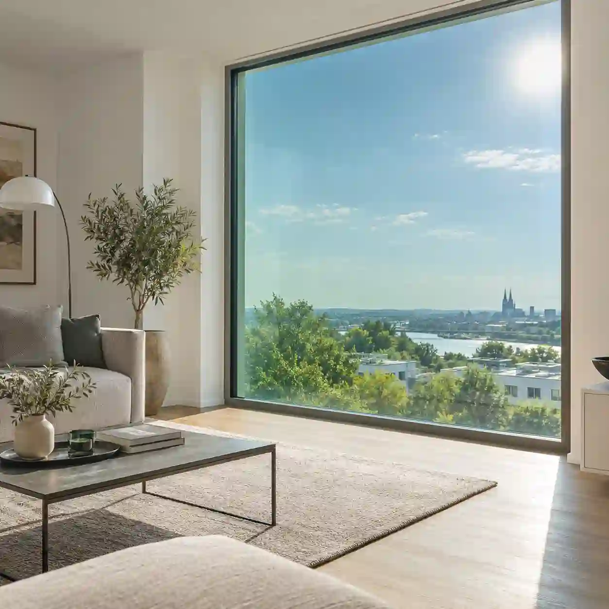 Fenster mit Sonnenschutzglas an einer besonnten Fassade von ecowindow