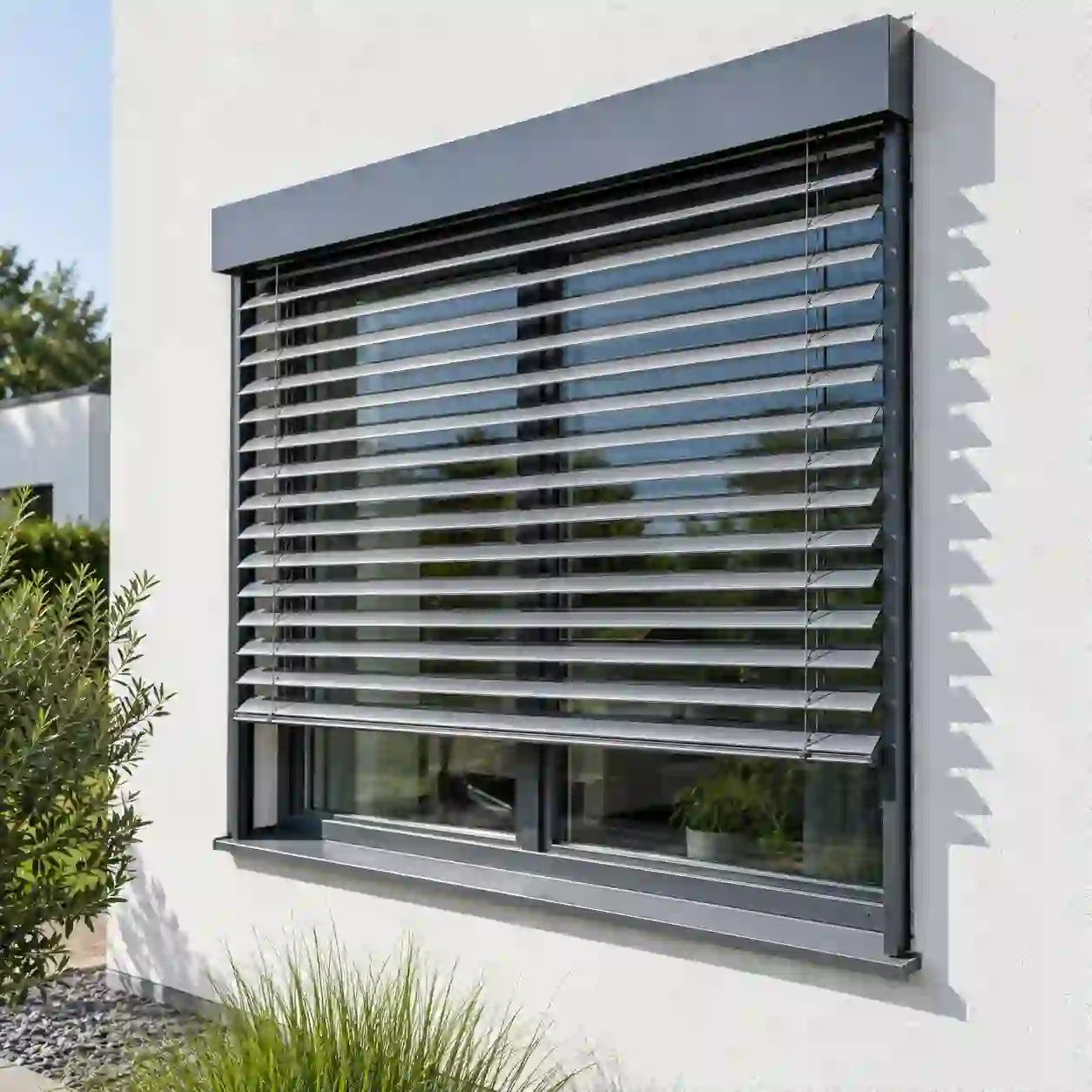 Raffstore als außenliegender Sonnenschutz vor einem Fenster von ecowindow