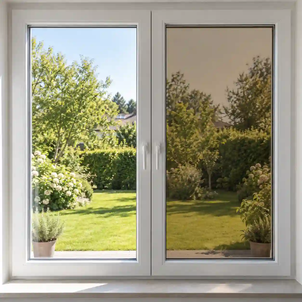 Photochromes Glas im Vergleich hell und getönt in einem Fenster von ecowindow