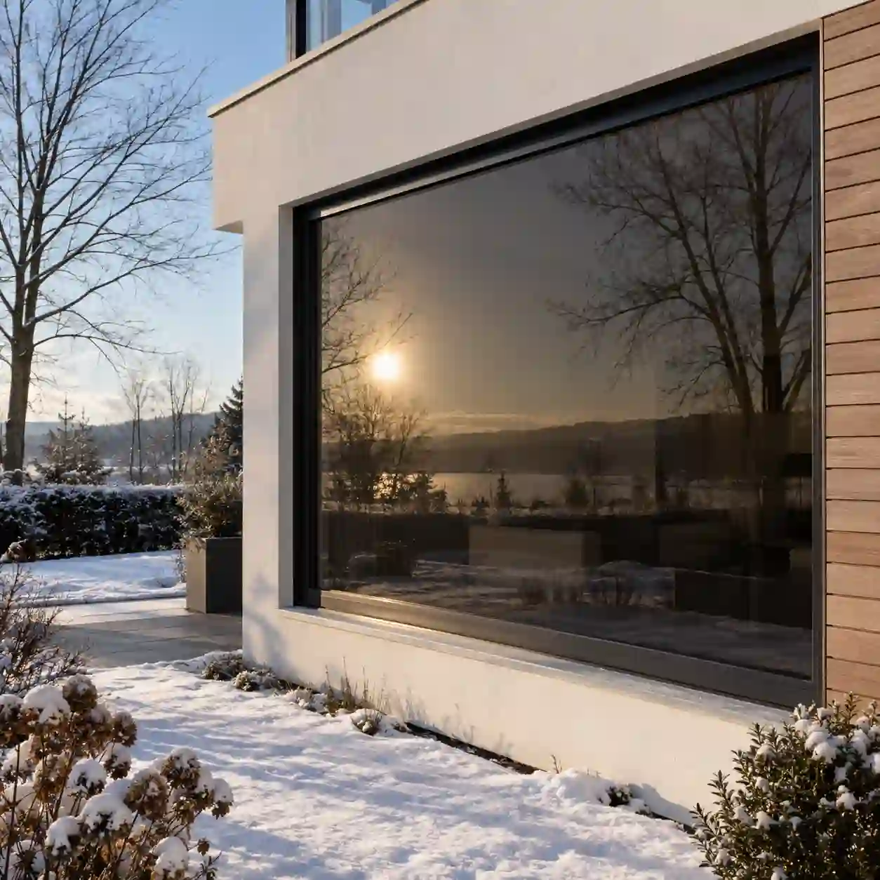 Fenster mit photochromem Glas bei tief stehender Wintersonne bei ecowindow