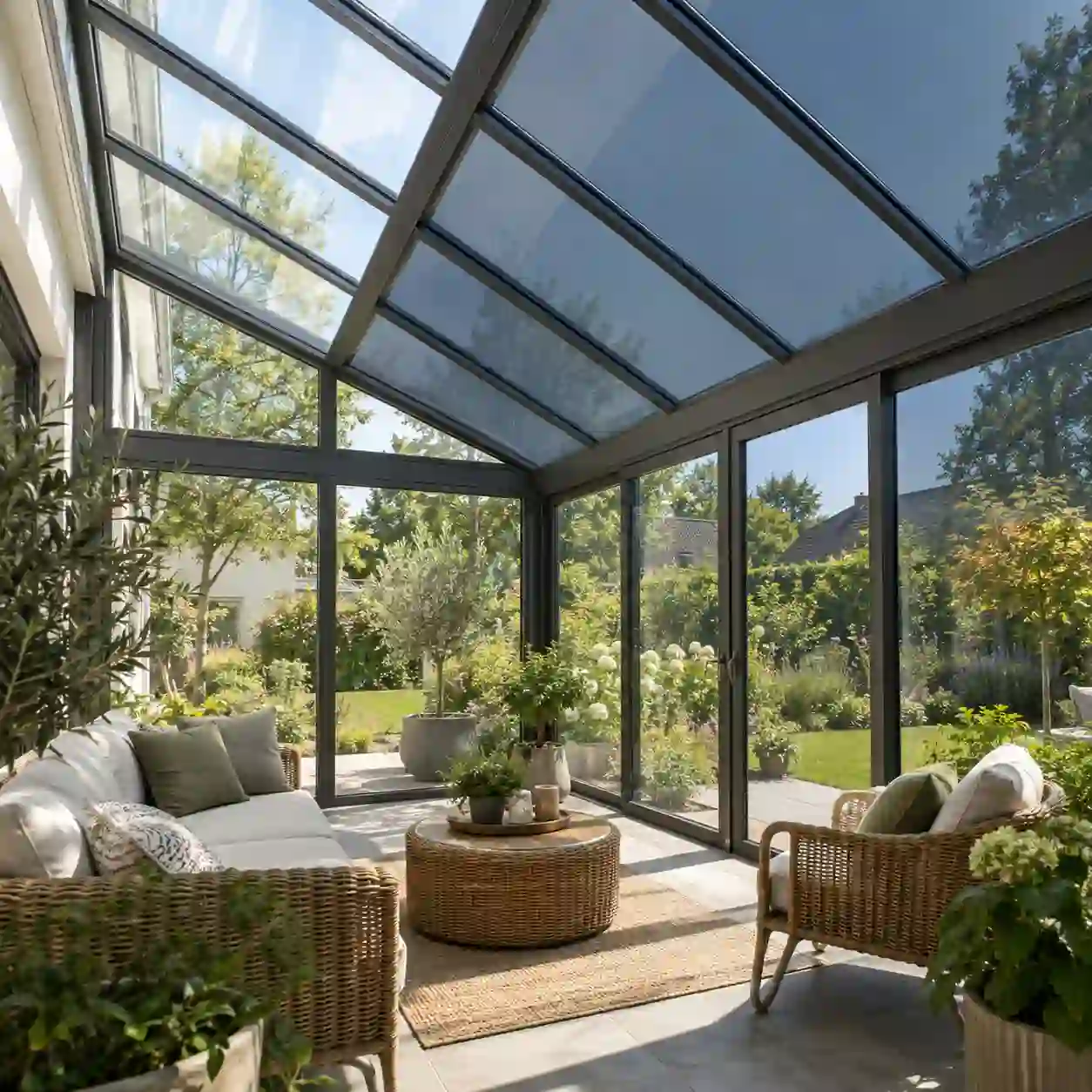 Fenster mit thermochromem Glas an einer besonnten Fassade von ecowindow