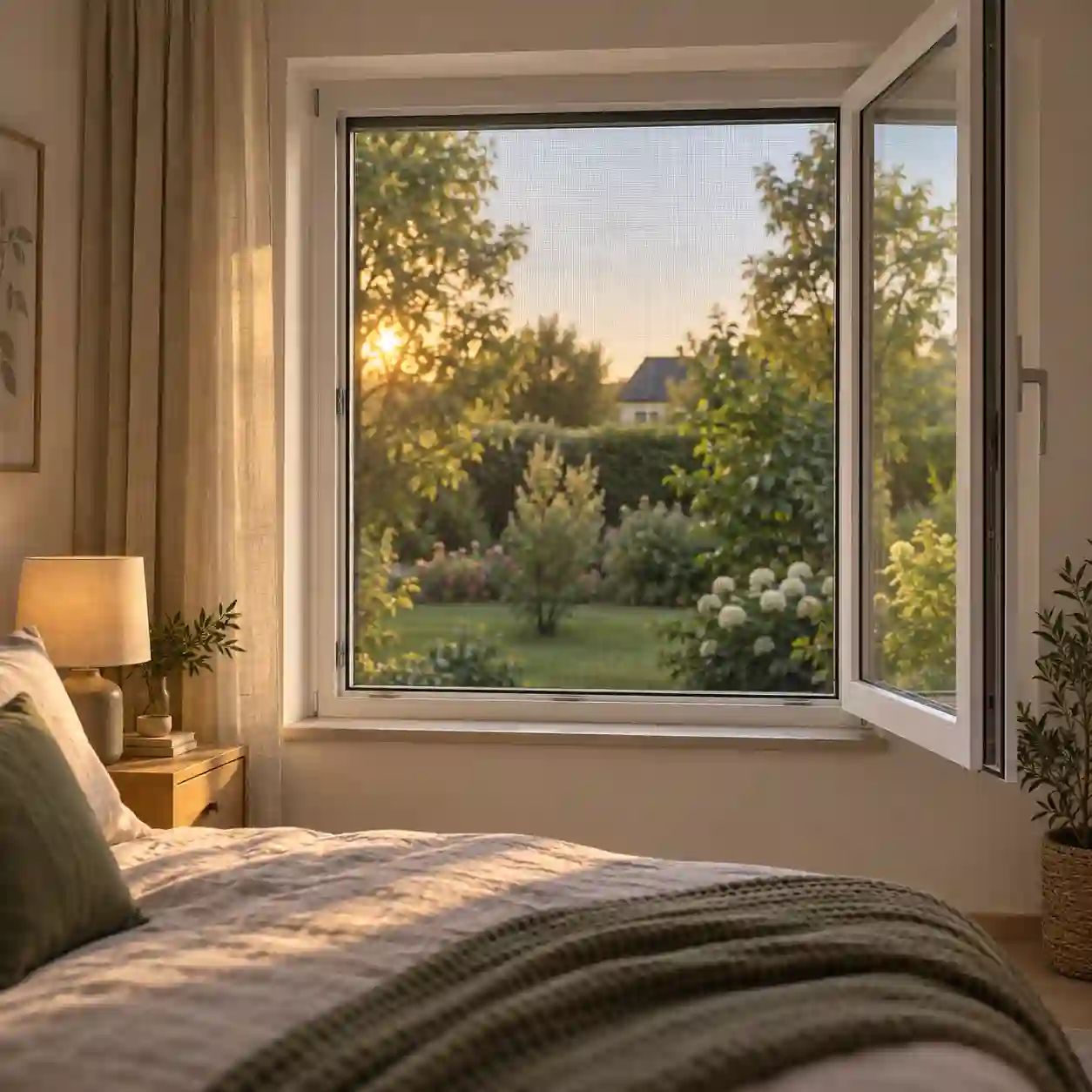 Fenster mit integriertem Rollladen und Insektenschutz im Schlafzimmer eines Einfamilienhauses von ecowindow