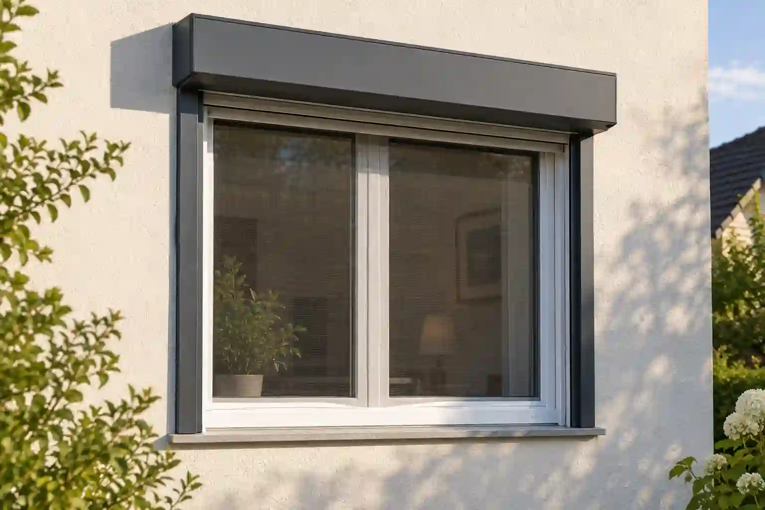 Fenster mit Vorbaurollladen und integriertem Insektenschutz vor der Fassade von ecowindow