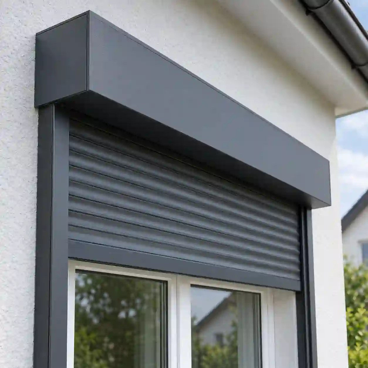 Vorbaurollladen vor der Fassade eines Wohnhauses von ecowindow
