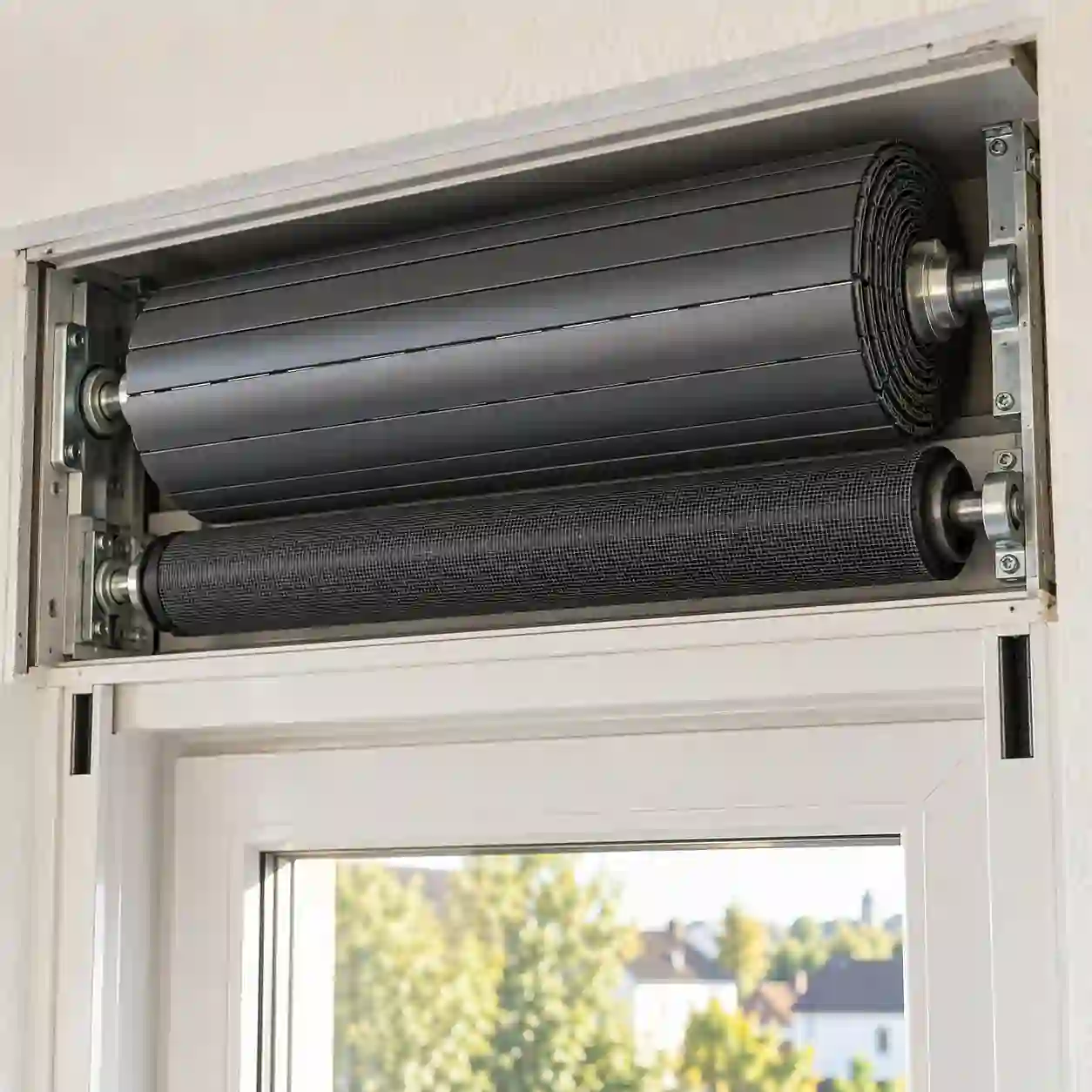 Rollladenkasten mit Welle und Führungsschiene im Schnitt bei ecowindow