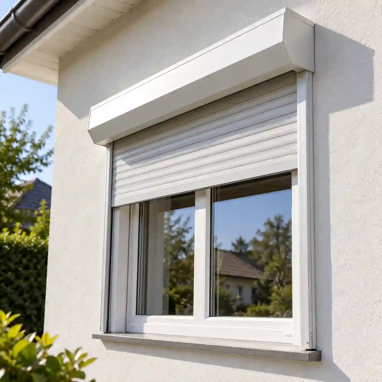 Vorbaukasten vor der Fassade Vorbaurollladen mit Insektenschutz als Kasten vor der Fassade über einem Fenster von ecowindow