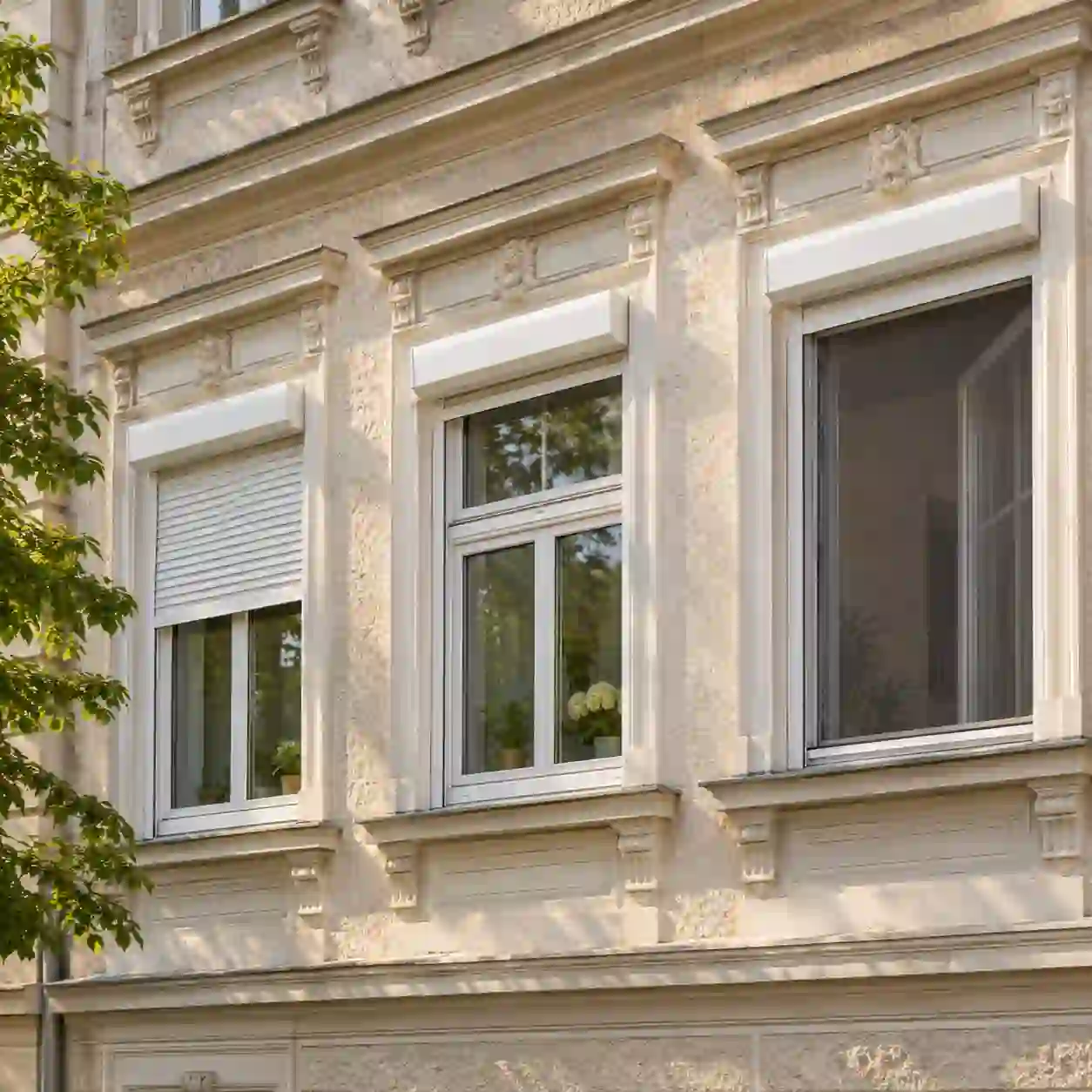 Altbaufassade mit Vorbaurollladen Sanierter Altbau mit neuen Fenstern und Vorbaurollladen mit Insektenschutz von ecowindow