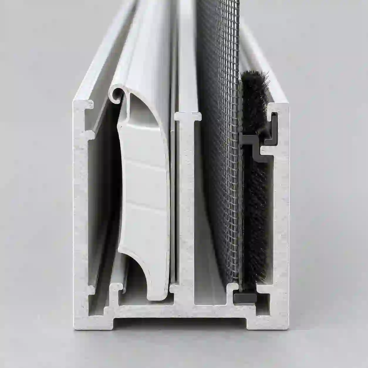 Kombi-Führungsschiene im Schnitt Führungsschiene aus Aluminium mit zwei Laufbereichen für Panzer und Insektenschutzgewebe bei ecowindow