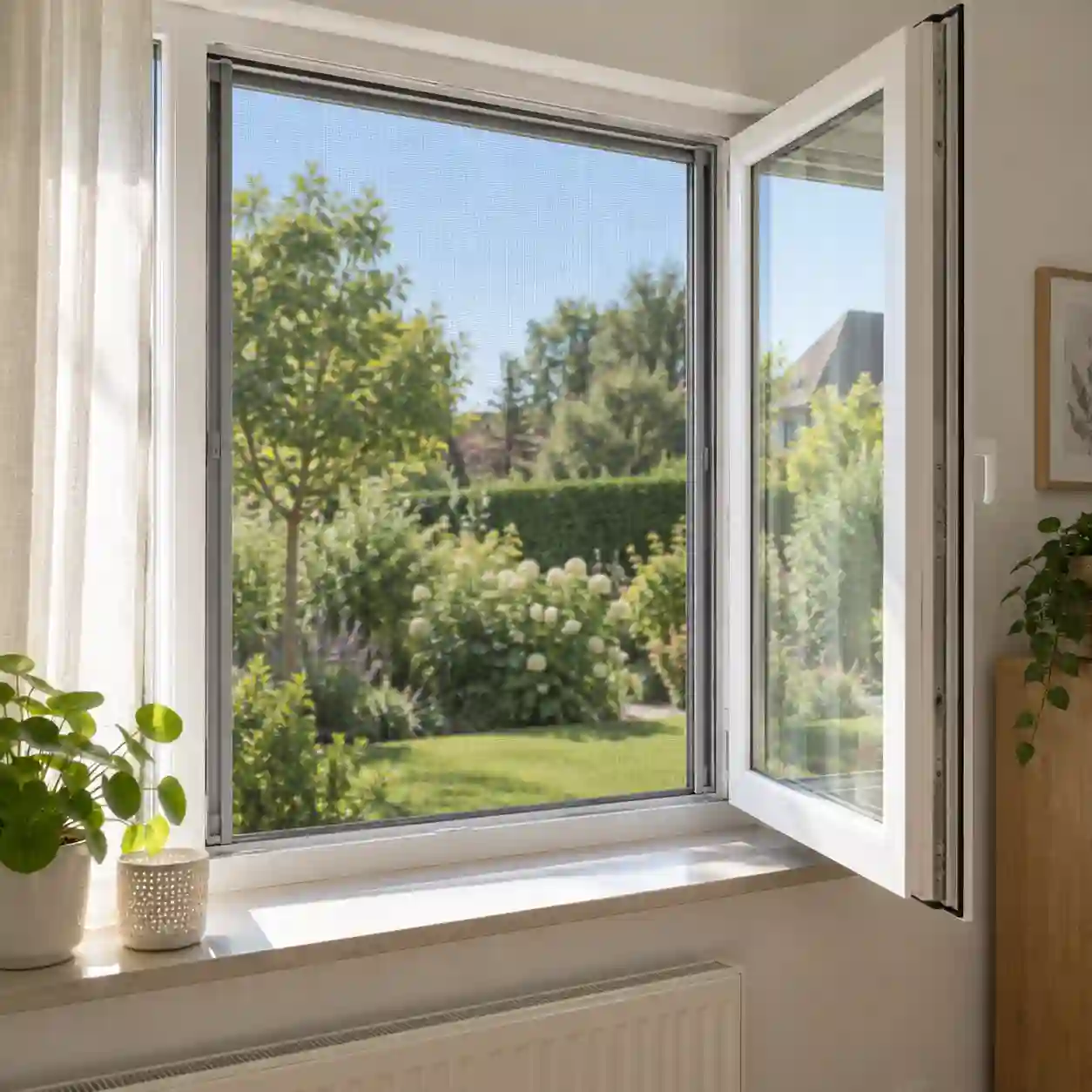 Fenster offen, Gewebe bleibt davor Geöffnetes Fenster mit heruntergezogenem Insektenschutzgewebe des Vorbaurollladens von ecowindow