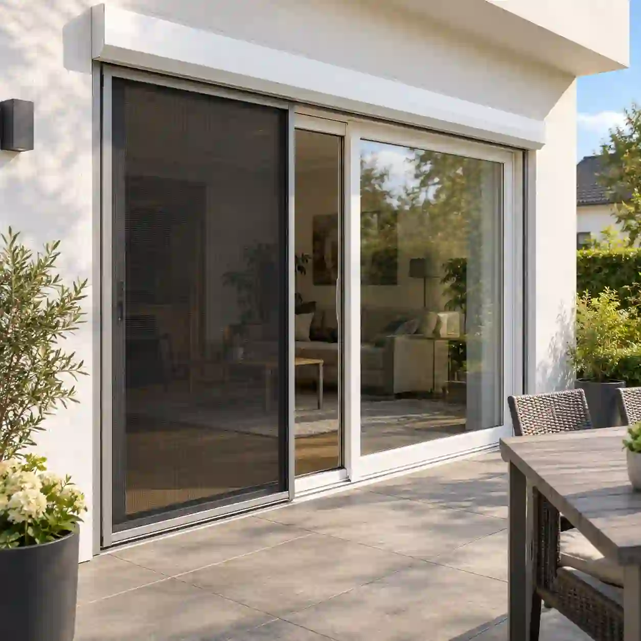 Terrassentür mit getrenntem Insektenschutz Terrassentür mit Rollladen und separater Insektenschutzanlage statt integriertem Gewebe, von ecowindow
