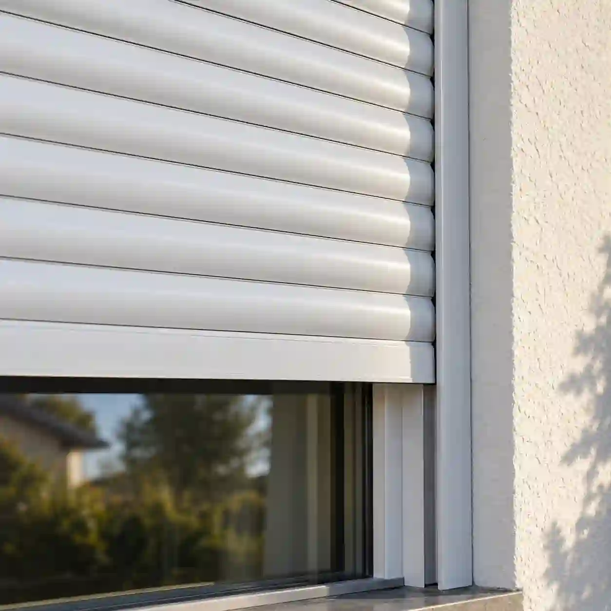 Rollladenpanzer und Führungsschiene Rollladen mit Panzer aus Aluminiumlamellen und seitlicher Führungsschiene an einem Fenster von ecowindow