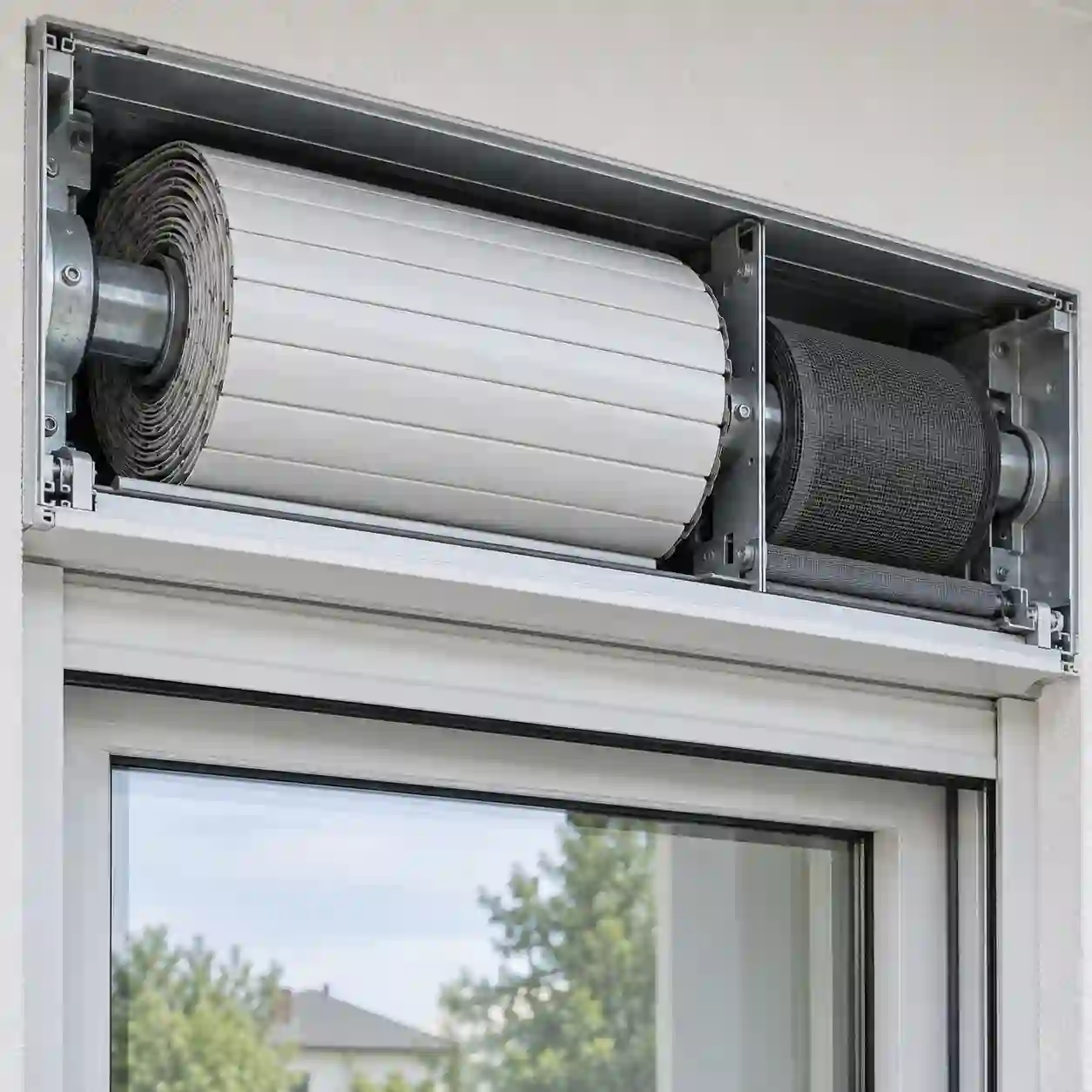 Aufbau im Rollladenkasten Rollladenkasten mit zweiter Welle für das Insektenschutzgewebe neben der Panzerwelle bei ecowindow