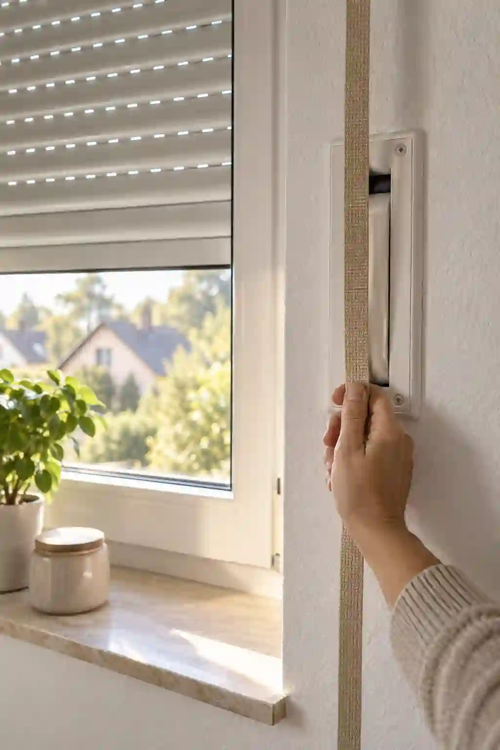 Rollladen bedienen Bedienung des Rollladenpanzers über Gurt und Motorschalter an einem Fenster von ecowindow