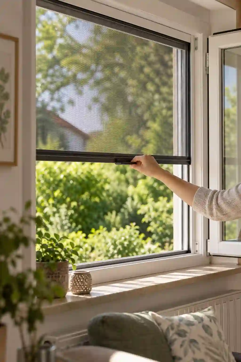 Insektenschutz bedienen Griffleiste des Insektenschutzgewebes wird von Hand heruntergezogen, Rollladen mit Insektenschutz von ecowindow