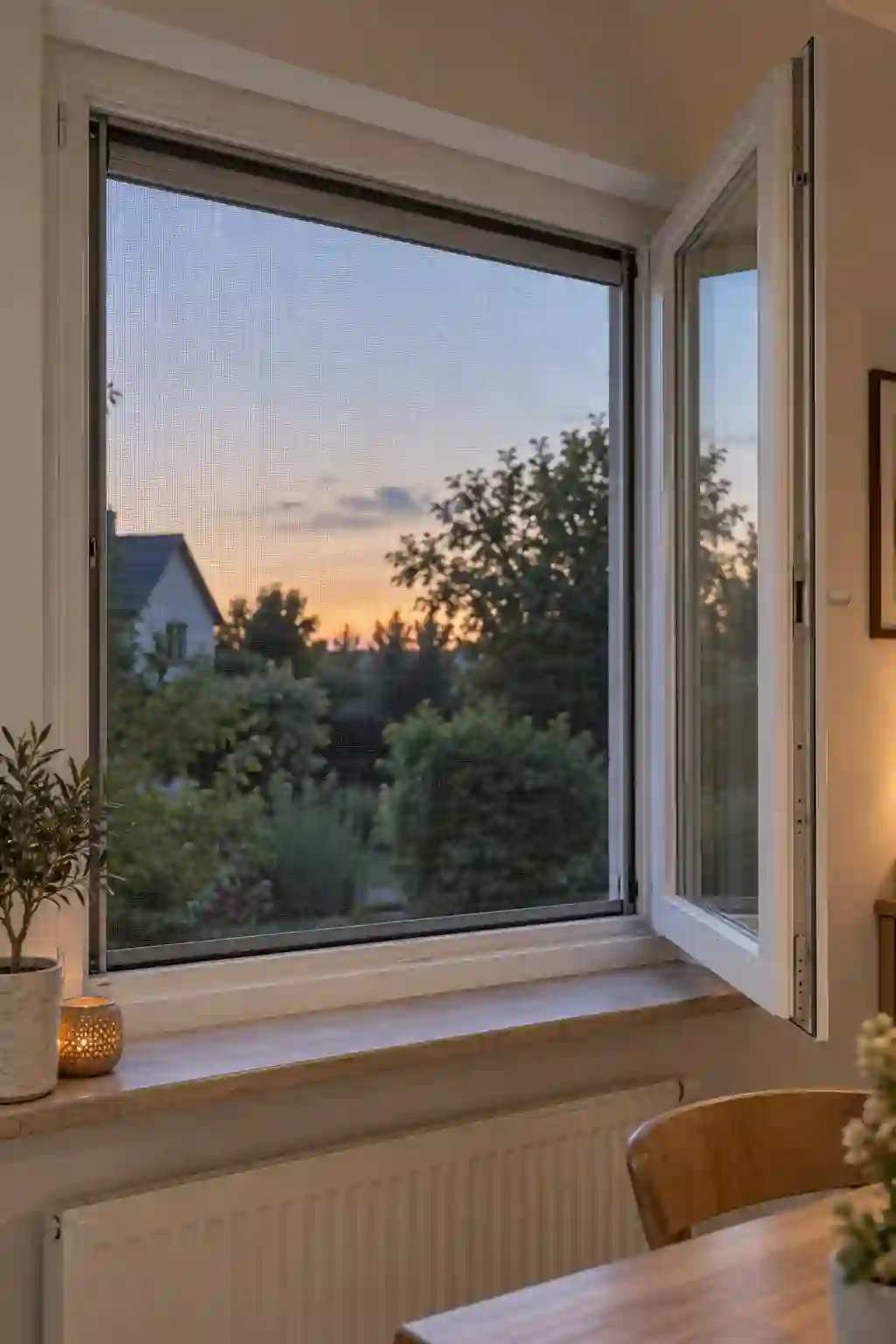 Panzer oben, Gewebe unten Offenes Fenster mit hochgefahrenem Rollladen und heruntergelassenem Insektenschutzgewebe von ecowindow