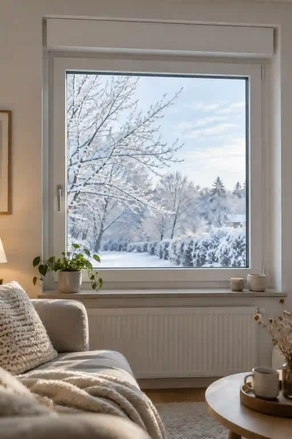 Rollladen im Winter Geschlossenes Fenster im Winter mit eingefahrenem Insektenschutzgewebe im Rollladenkasten von ecowindow