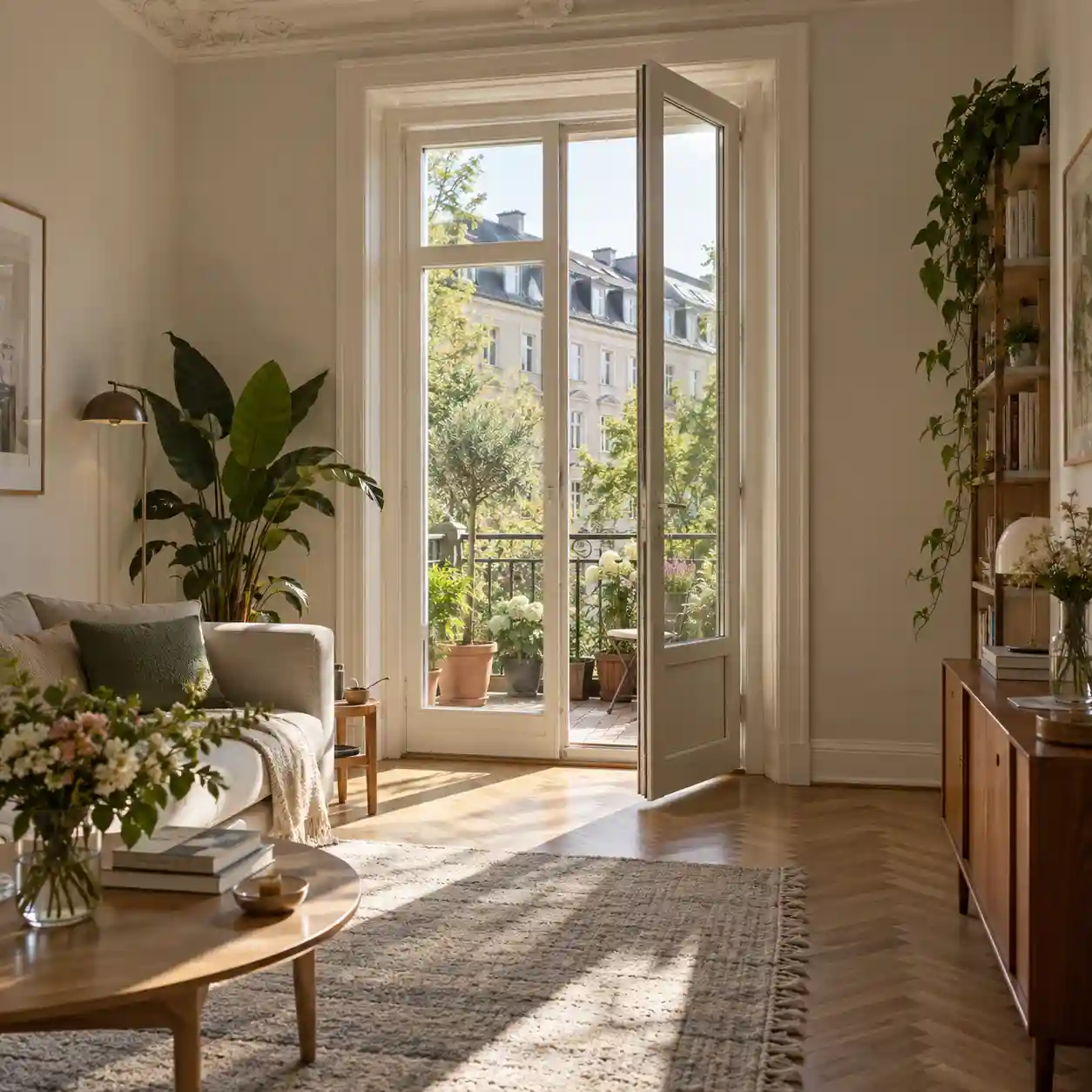 Neue Balkontür in einer Berliner Altbauwohnung mit Blick auf den Balkon von ecowindow