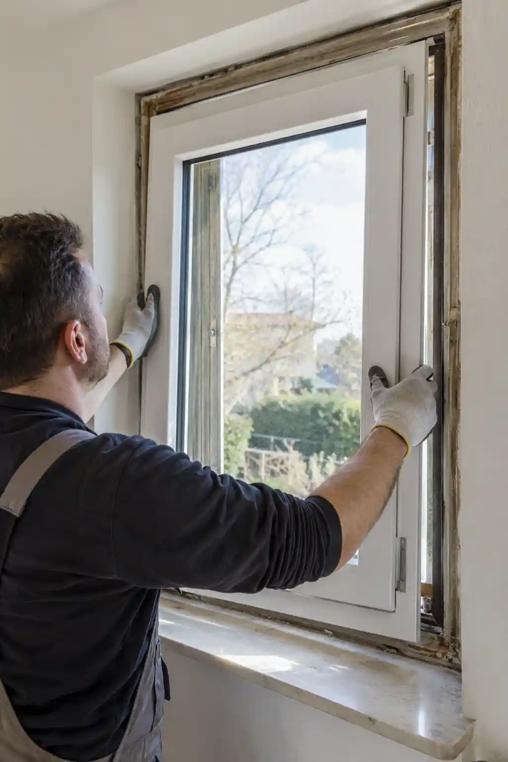 Neuer Fensterrahmen wird bei der Überschubmontage über den alten Blendrahmen gesetzt