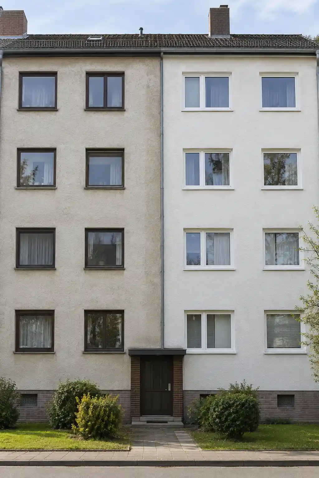 Berliner Wohnhaus, bei dem zunächst die Fenster einer Fassadenseite getauscht wurden