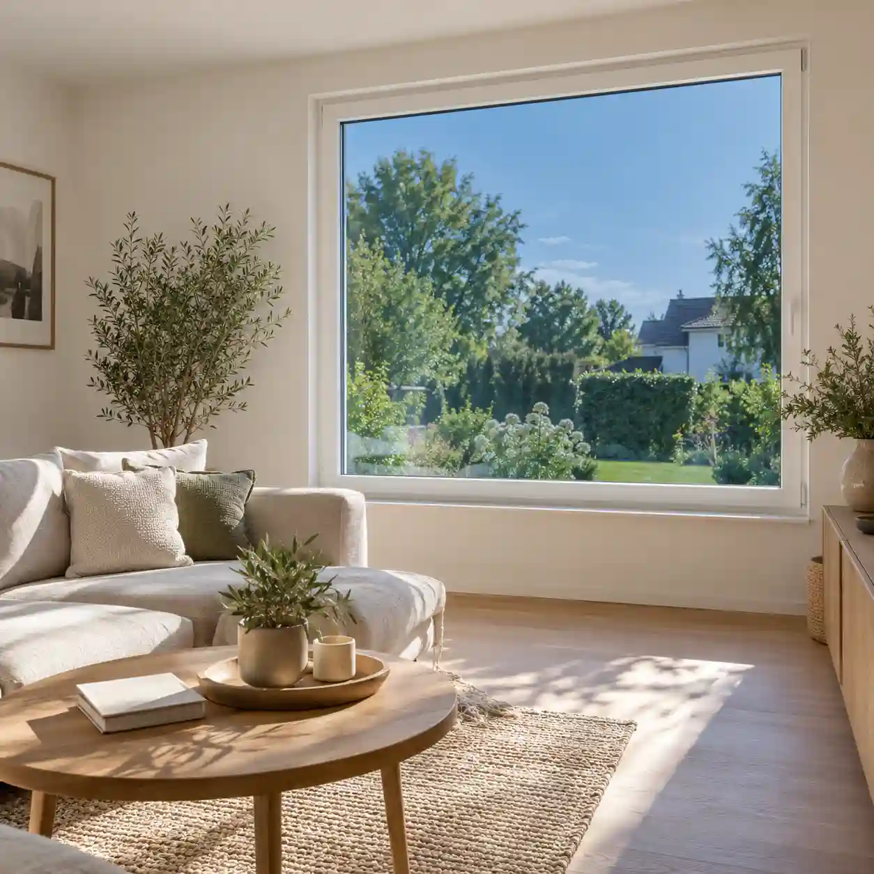 Fenster mit thermochromem Glas in leicht getönter Stufe in einem Wohnraum von ecowindow