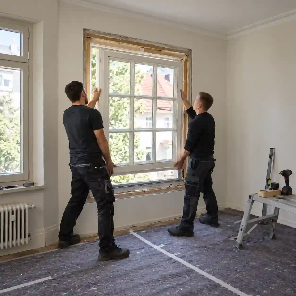 Monteur setzt Fenster mit glasteilenden Sprossen ein, Montage durch ecowindow