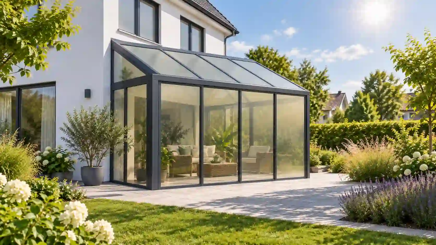 Thermochromes Glas an einer Wintergartenverglasung die sich bei Sonnenwaerme selbst dimmt bei ecowindow