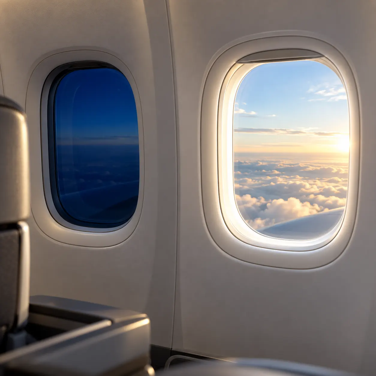 Elektrochromes Flugzeugfenster mit blauer Tönung neben einer klaren Scheibe