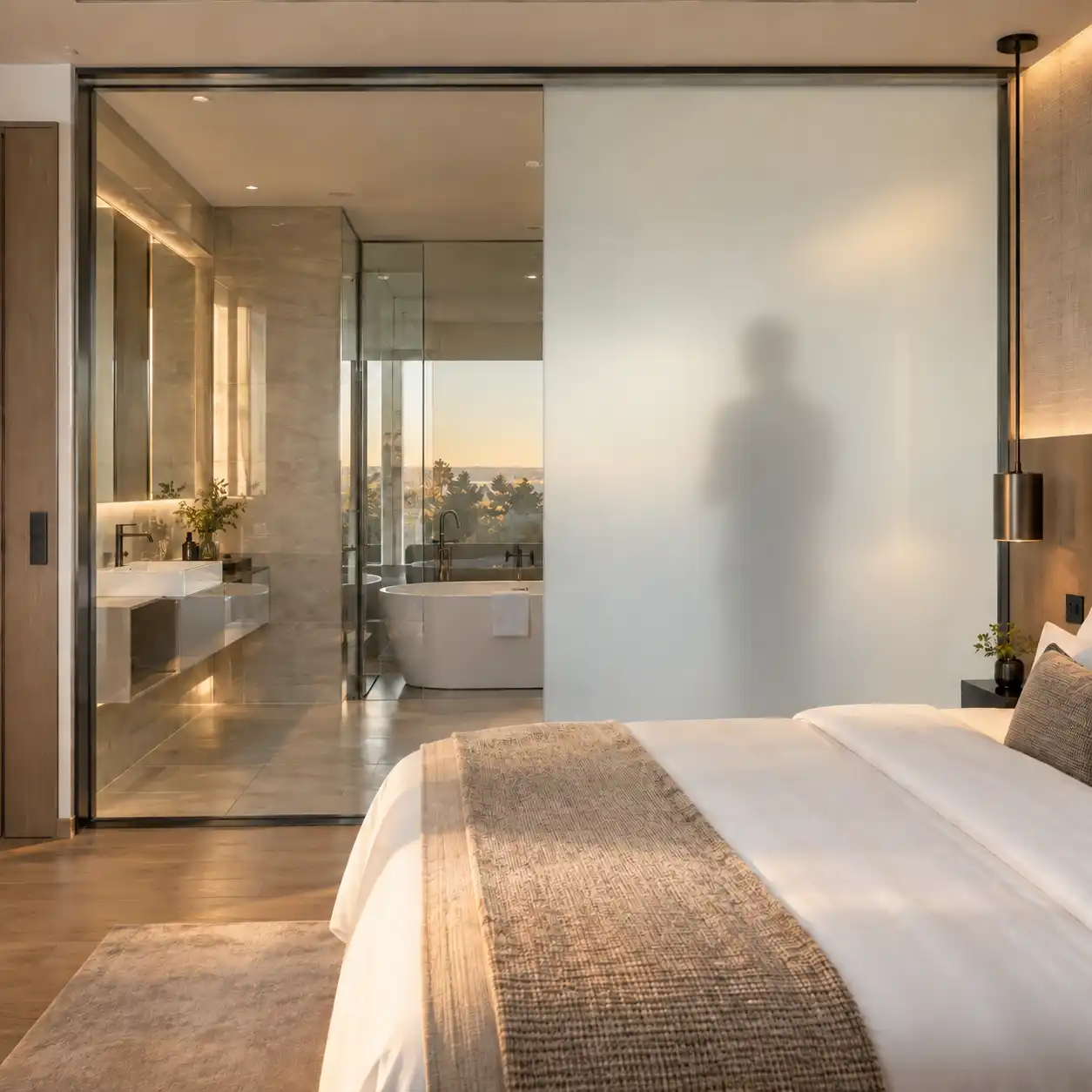 Schaltbares Glas zwischen Hotelzimmer und Bad, halb klar und halb blickdicht