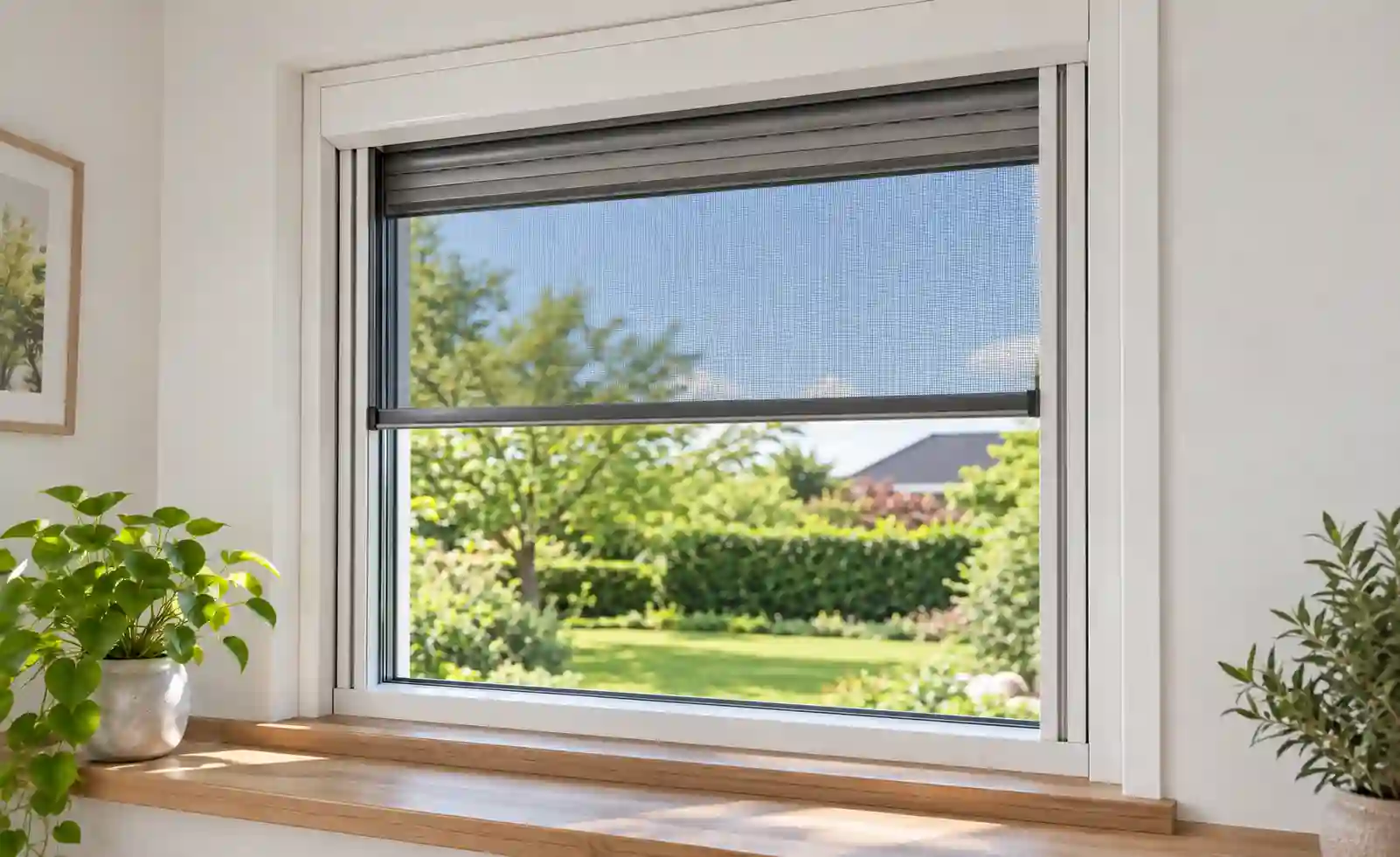 Fenster mit integriertem Rollladen und Insektenschutz mit heruntergezogenem Gewebe bei ecowindow