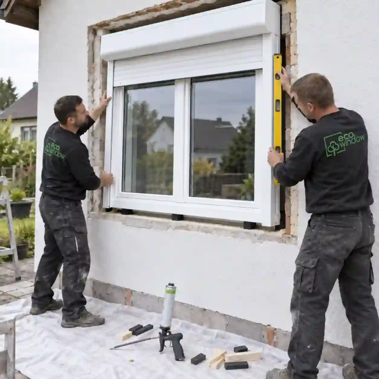 ecowindow-Monteure setzen ein Fenster mit integriertem Rollladen und Insektenschutz ein