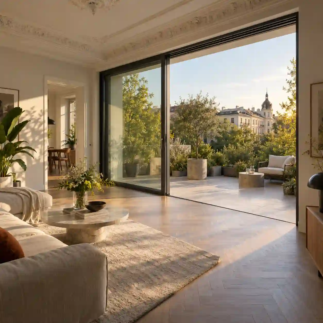 Hebeschiebefenster in einem Berliner Altbau mit geöffnetem Flügel zur Terrasse von ecowindow