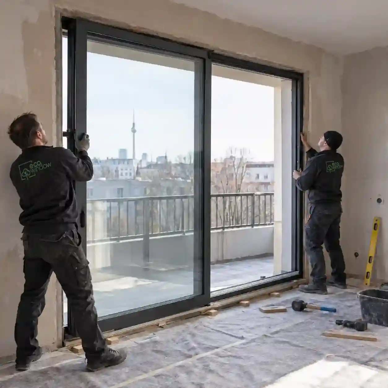 ecowindow-Monteure setzen in Berlin ein Hebeschiebefenster-Element in die Öffnung ein