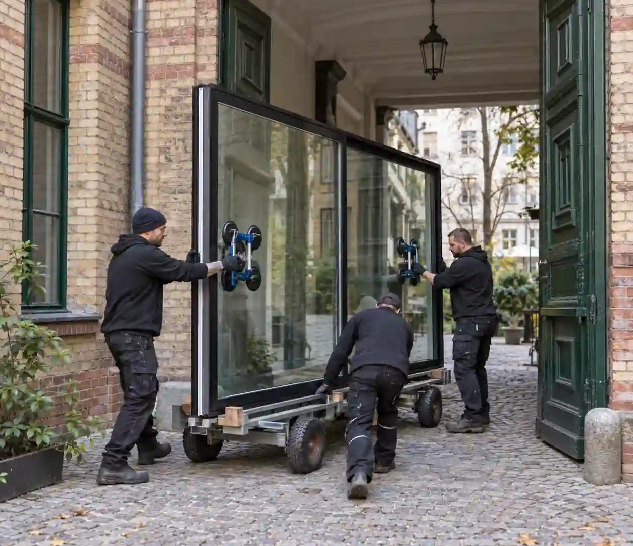 Anlieferung eines großen Hebeschiebefenster-Elements in einen Berliner Hinterhof durch ecowindow