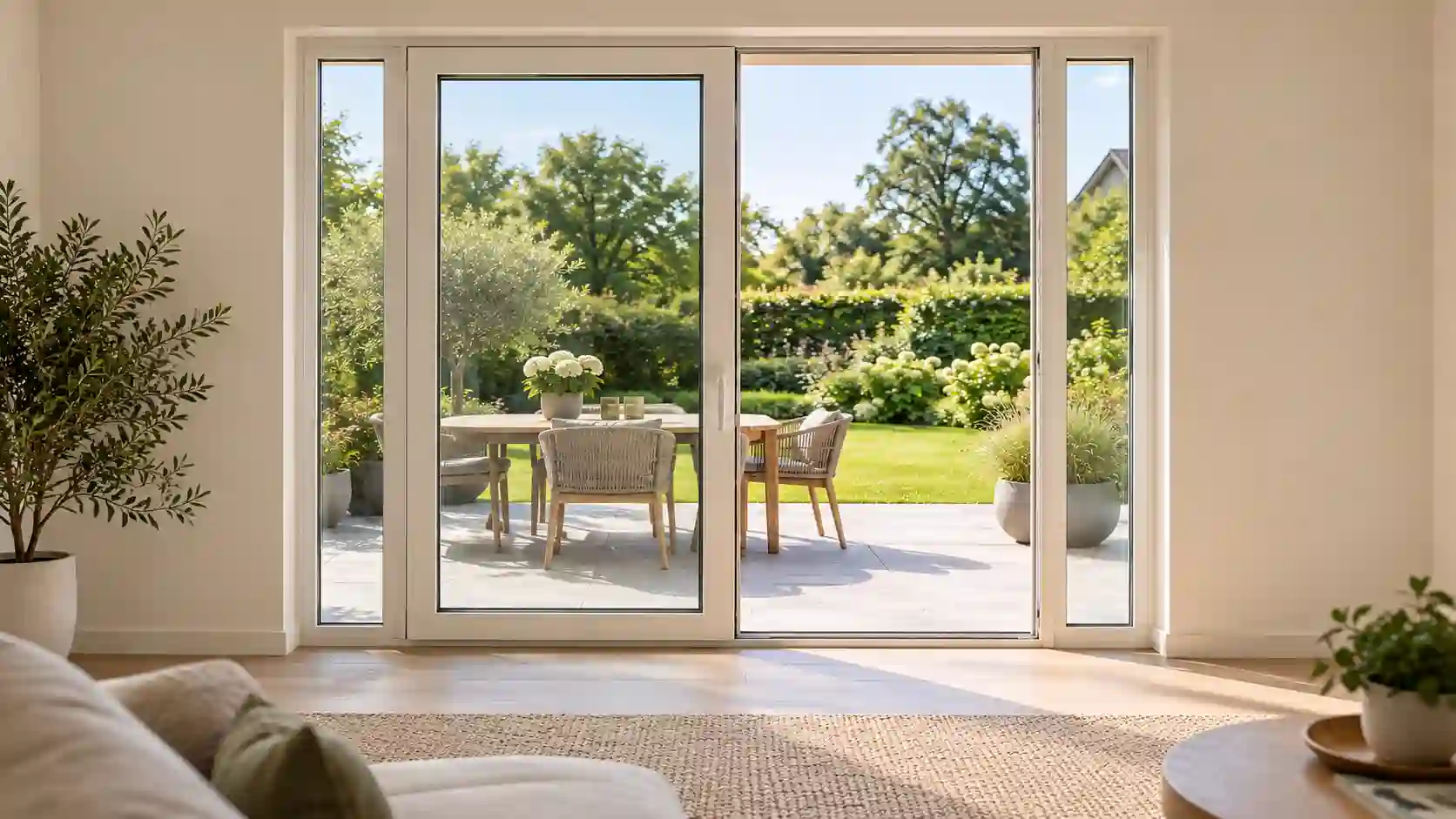 Schmale Seitenteile Dreiteilige Terrassentuer mit schmalen Seitenteilen und breitem Durchgang von ecowindow