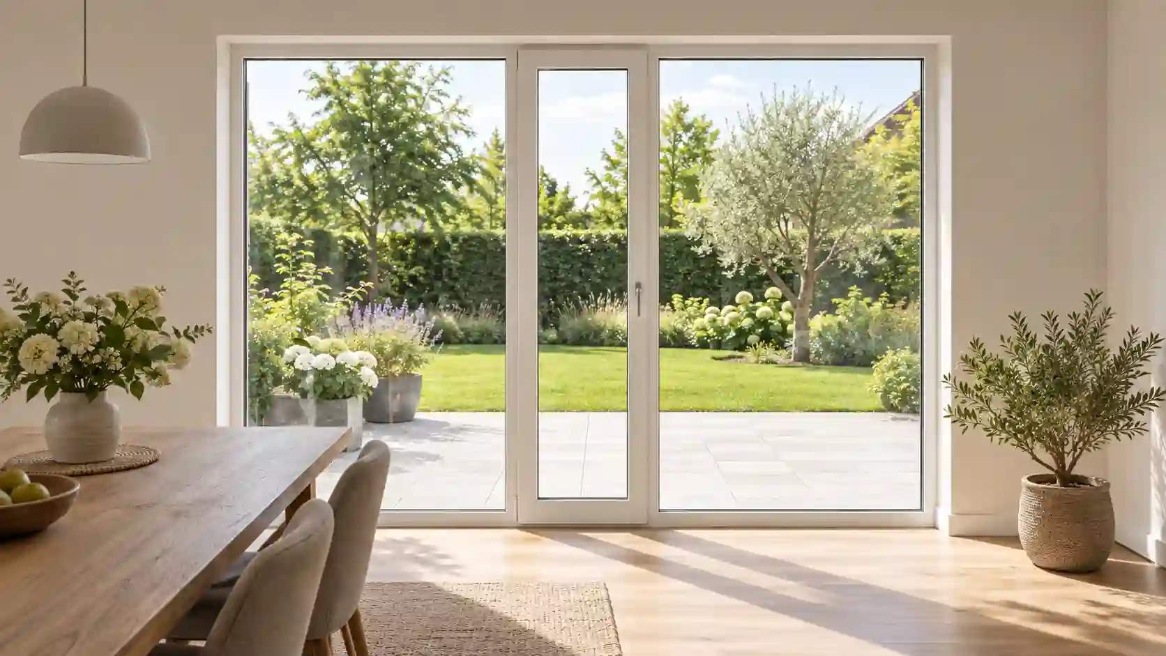 Breite Seitenteile Dreiteilige Terrassentuer mit breiten Seitenteilen und viel Glasflaeche von ecowindow