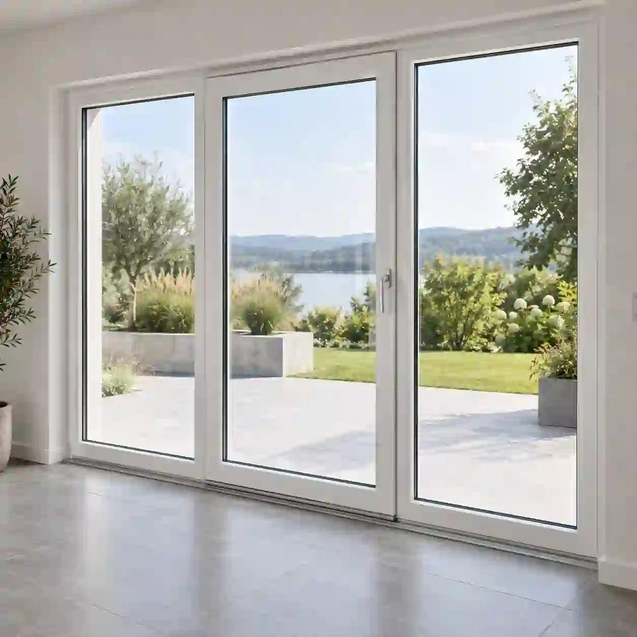 Aufbau einer Terrassentür 3-teilig Aufbau einer dreiteiligen Terrassentuer mit beweglichem Element und zwei Seitenteilen von ecowindow