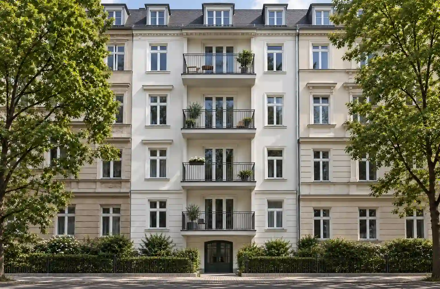 Balkone mit neuen Balkontüren an einem Berliner Wohnhaus von ecowindow
