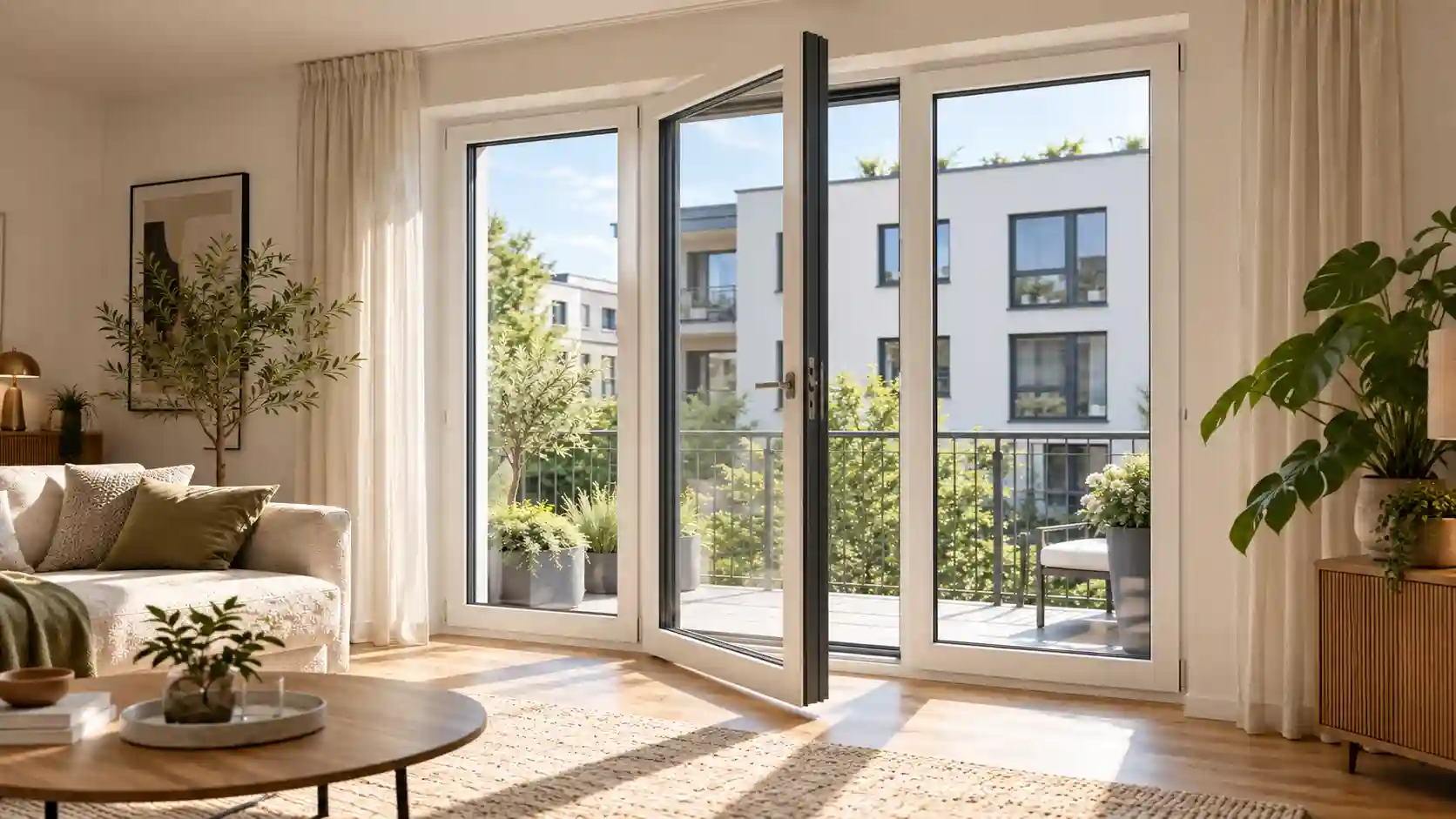 Zweifarbige dreiteilige Balkontuer innen weiss und aussen anthrazit von ecowindow