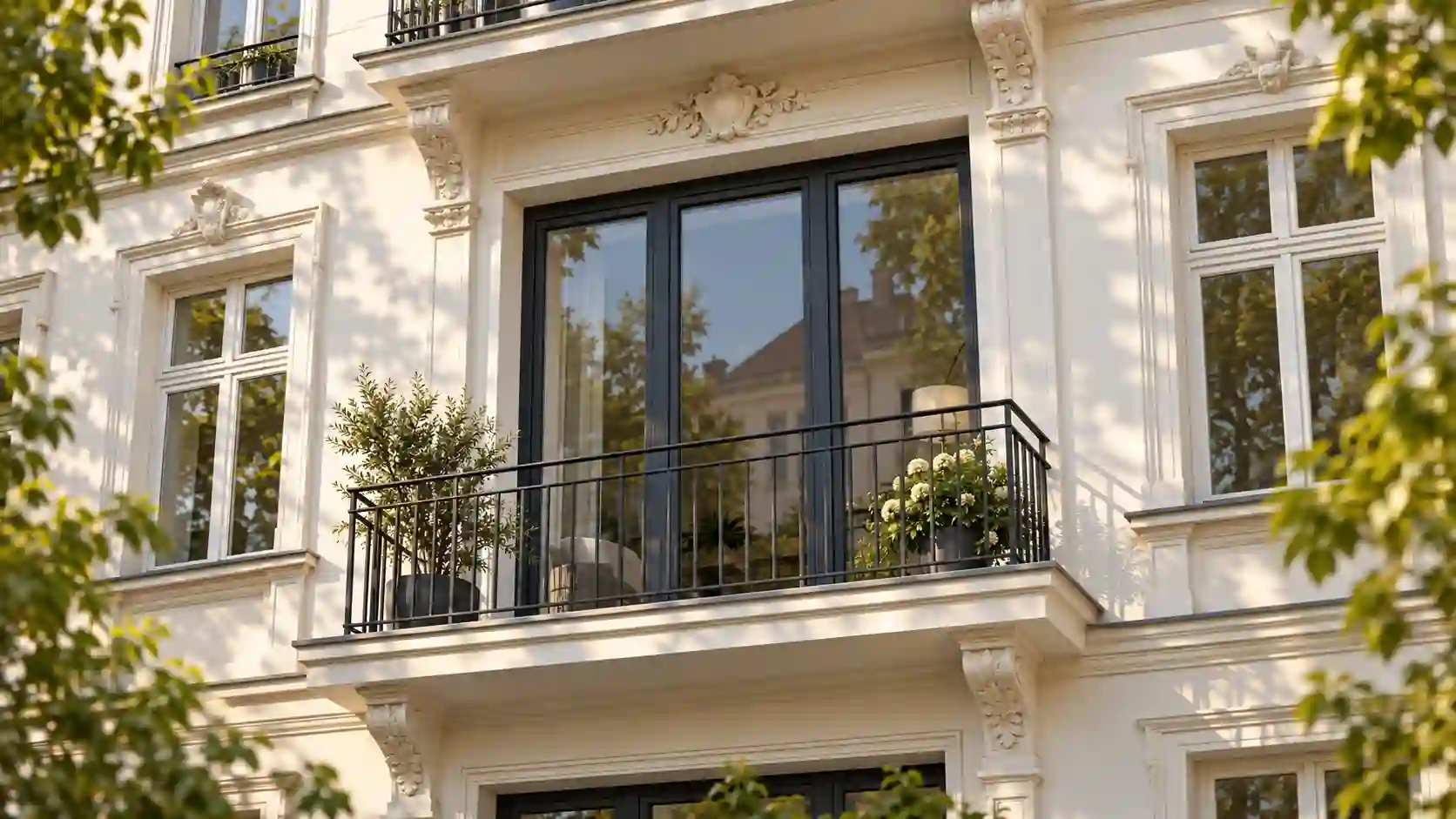 Dreiteilige Balkontuer in Anthrazit an einer hellen Fassade von ecowindow