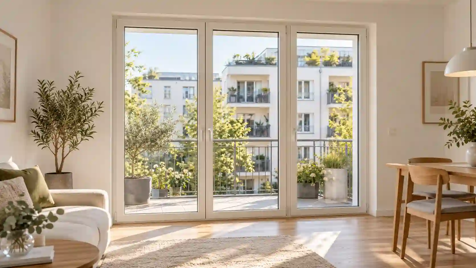 Dreiteilige Balkontür in Weiß im Wohnzimmer
