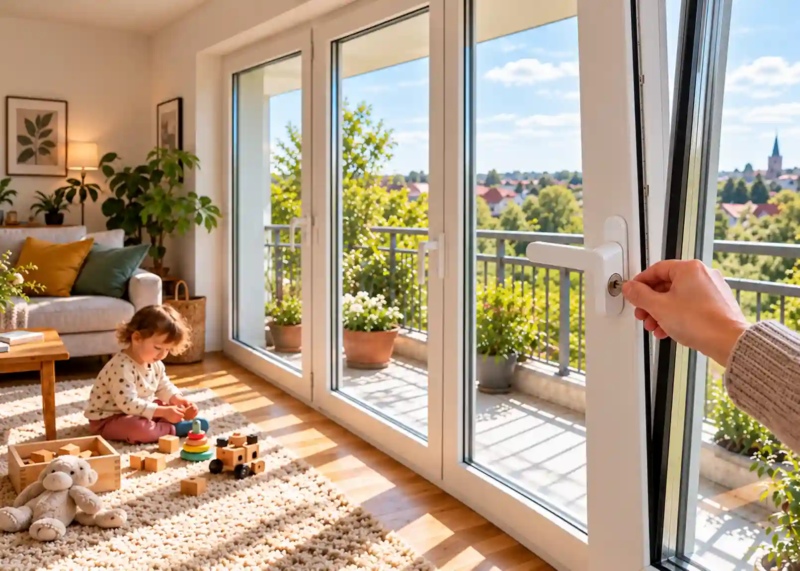 Abschliessbarer Griff als Kindersicherung an einer dreiteiligen Balkontuer von ecowindow