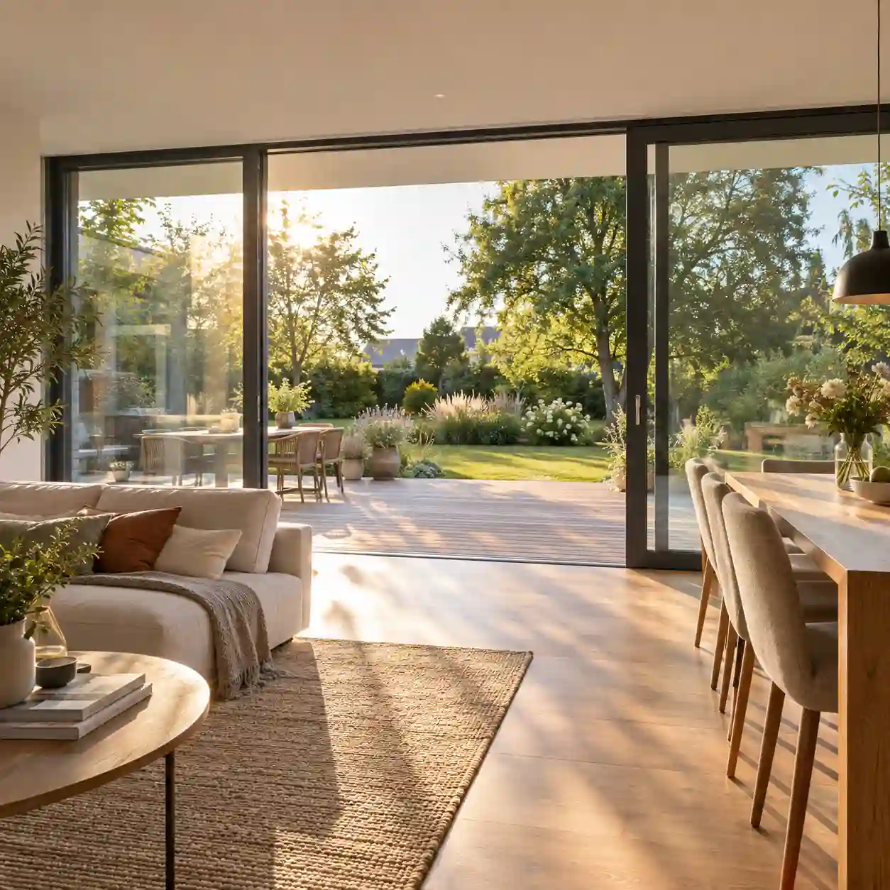 Dreiteilige Hebeschiebetuer mit grosser Glasfront zur Terrasse von ecowindow