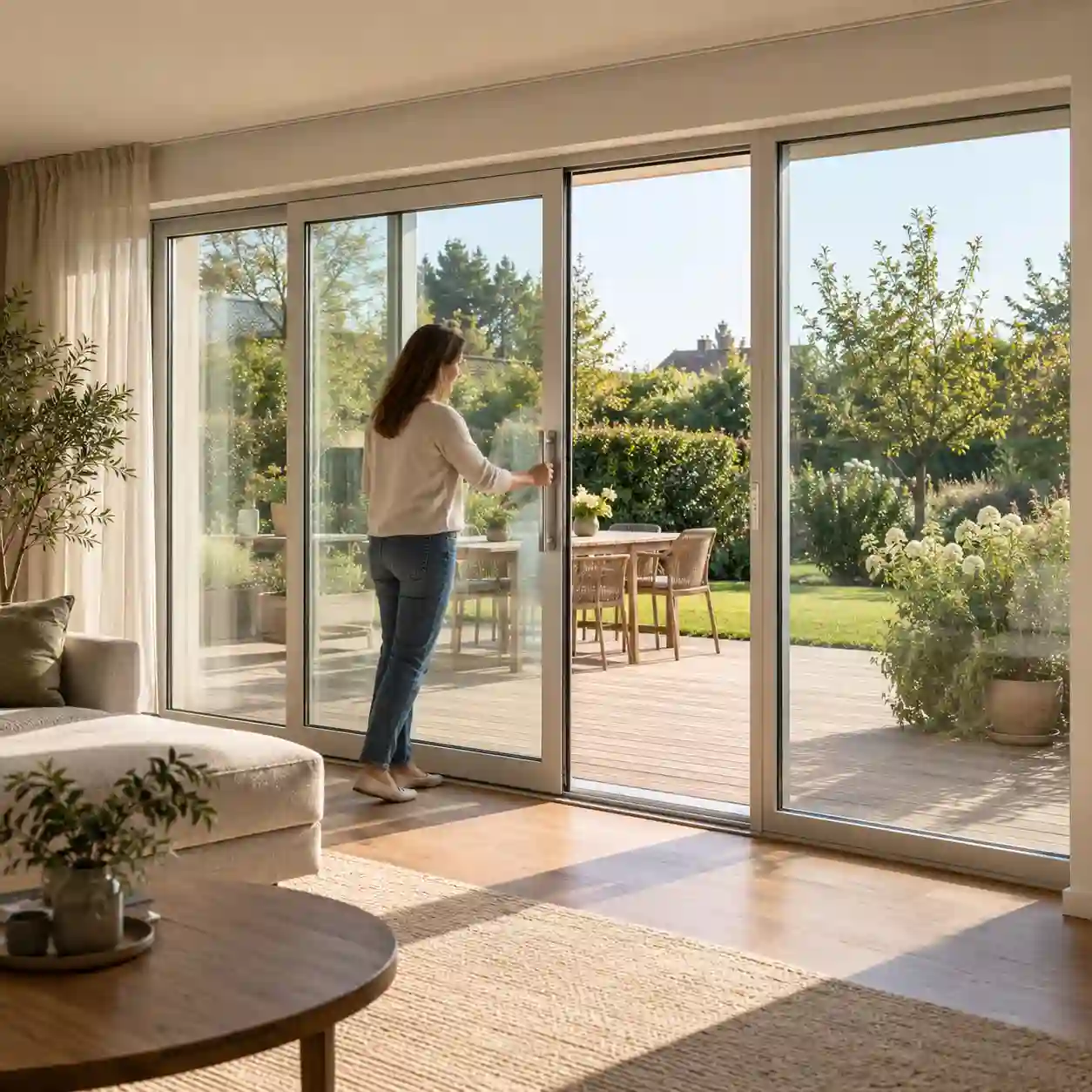 Dreiteilige Hebeschiebetuer mit geoeffnetem Schiebefluegel zur Terrasse von ecowindow
