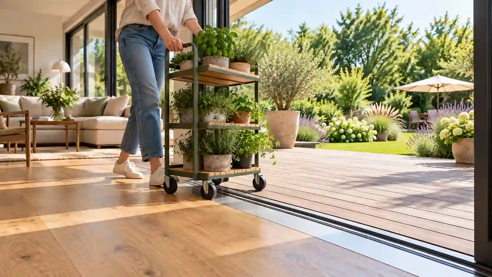Niedrige Schwelle einer dreiteiligen Hebeschiebetuer zur Terrasse von ecowindow