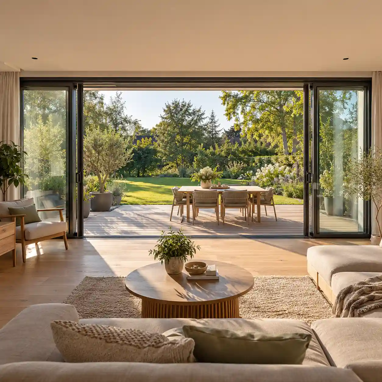 Hebeschiebetür 4-teilig Vierteilige Hebeschiebetuer mit grosser Glasfront zur Terrasse von ecowindow