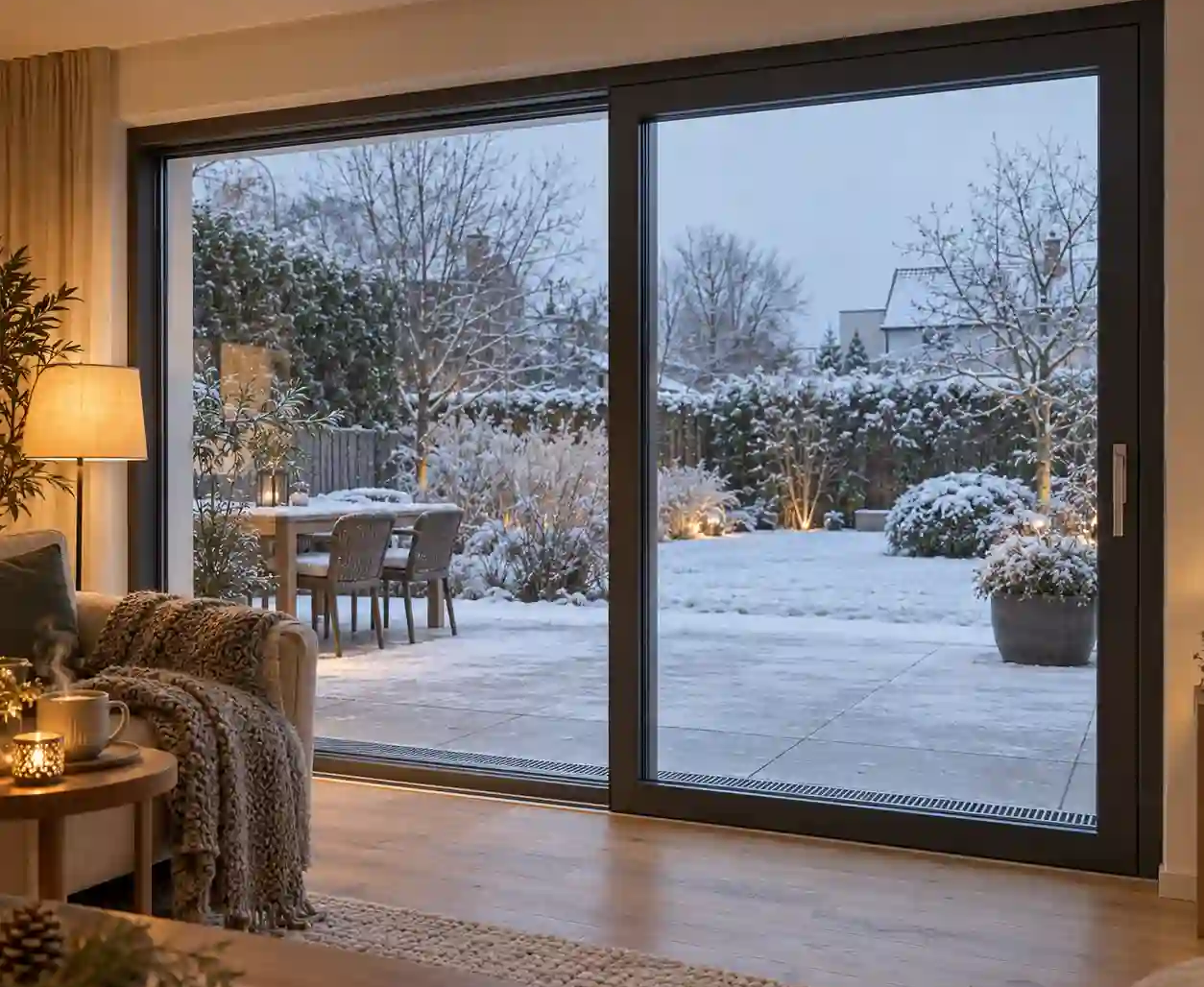 Geschlossene Hebeschiebetuer mit Dreifachverglasung und flacher Schwelle mit Entwaesserungsrinne vor einer verschneiten Terrasse von ecowindow