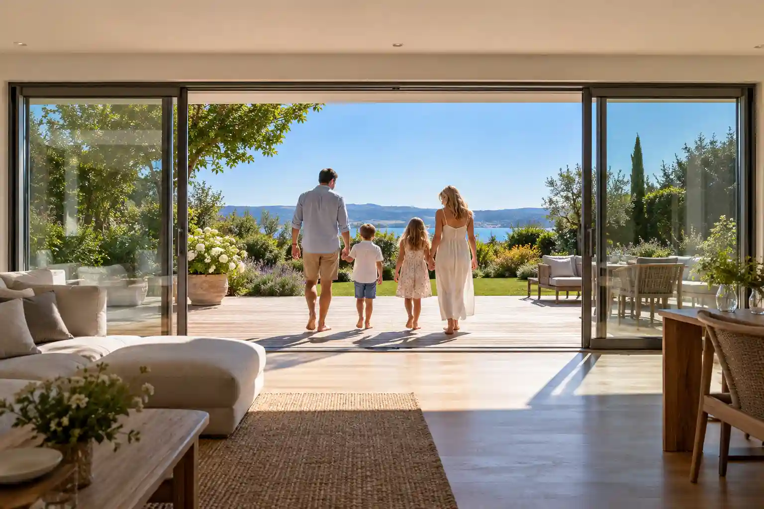 Vierfluegelige Hebeschiebetuer 6m mittig geoeffnet zur Terrasse von ecowindow