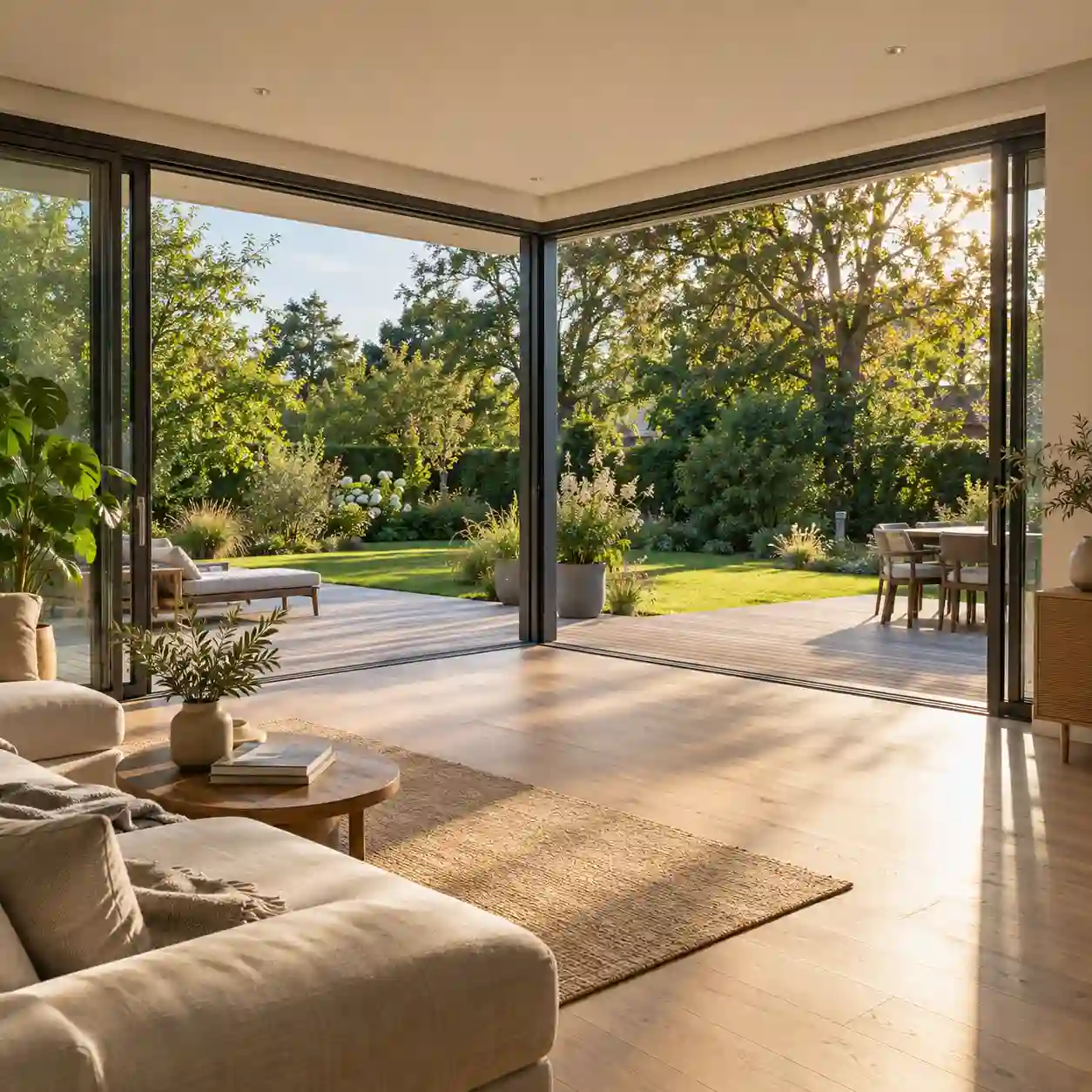 Hebeschiebetuer ueber Eck mit Glasfront um die Hausecke und Blick in den Garten von ecowindow
