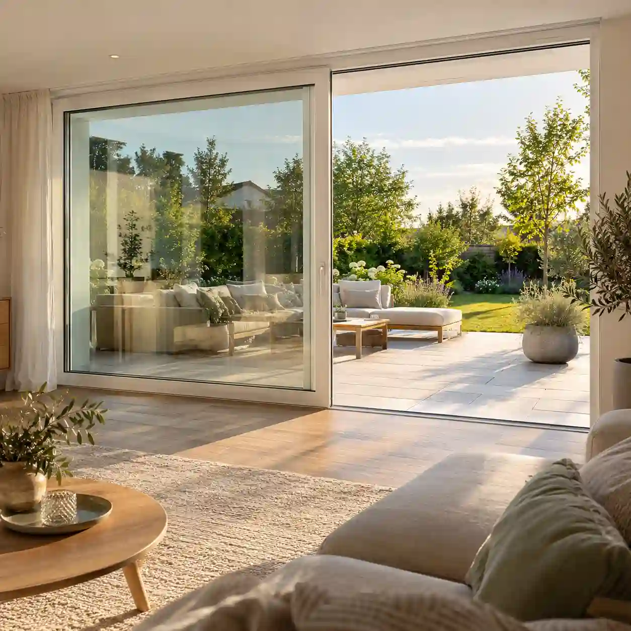 Hebeschiebetuer 3m mit geoeffnetem Schiebefluegel zur Terrasse von ecowindow