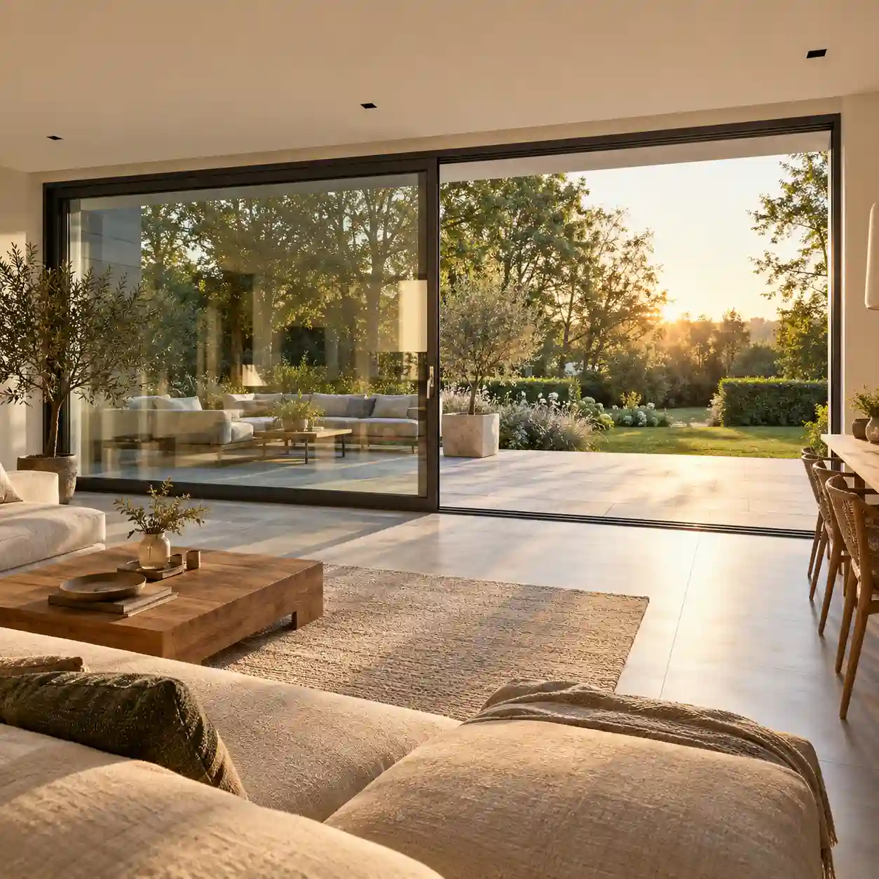 Hebeschiebetuer 4m ueber die ganze Wohnzimmerwand zur Terrasse von ecowindow